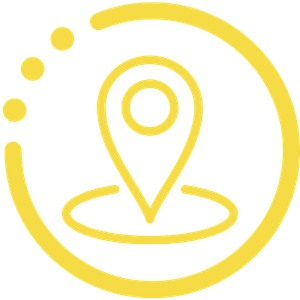 Yellow location pin inside a circular border with three dots on the left, icon on white background