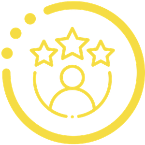 Yellow circular icon with a person silhouette and three stars above it