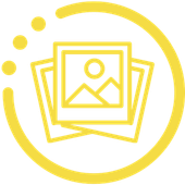 Yellow photo gallery icon with stacked pictures inside a circular frame