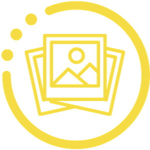 Yellow photo gallery icon with stacked pictures inside a circular frame