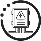 Black line icon of a battery with lightning bolt inside a circular outline, with electrical cables below