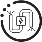 Black line icon of a charging cable and plug inside a circular border with a lightning symbol.