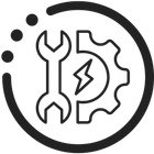 Black outline icon of a wrench and gear with a lightning bolt inside a circle