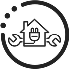Black line icon of a house with a plug and wrench tools inside a circular border