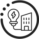 Black line icon of a lightbulb with lightning beside a building inside a circle