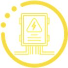 Yellow line icon of an electric panel with warning symbol inside a circular border