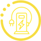 Yellow electric car charger icon with cord and lightning bolt inside a circular outline