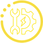 Yellow circular wrench-and-gear logo with a lightning bolt icon