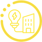 Yellow line icon of a light bulb connected to a building inside a circular border