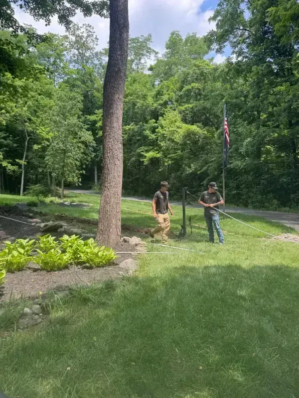 Two people stand in a sunny yard beside a large tree and a flower bed, with a flag visible in the background.