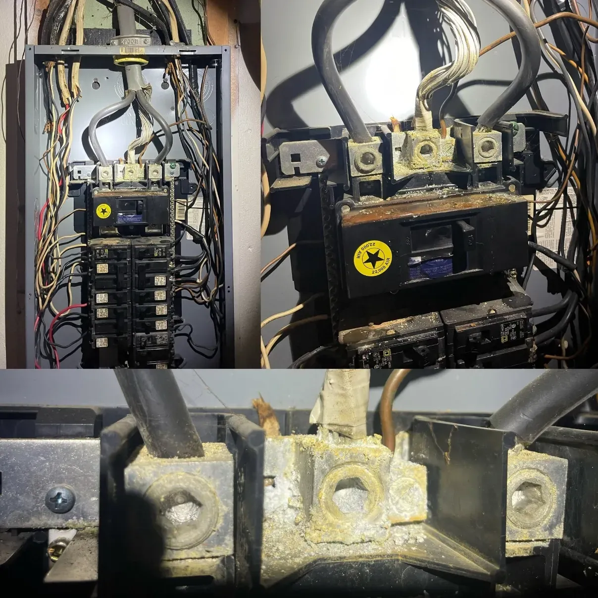Collage of an electrical breaker panel with wires and a close-up of a corroded, damaged terminal connection