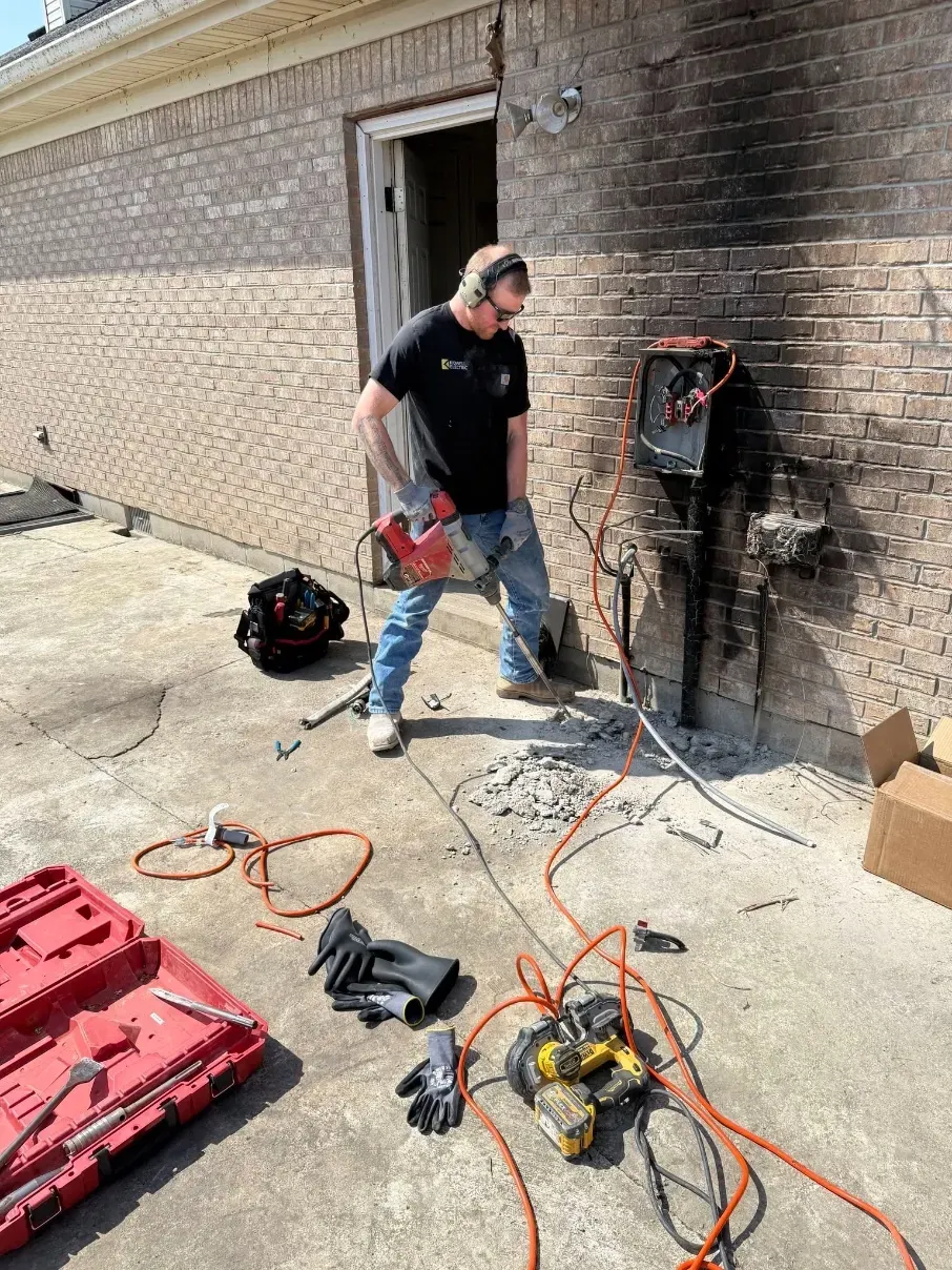 Worker near brick wall with tools and cables, inspecting an open utility panel outdoors.