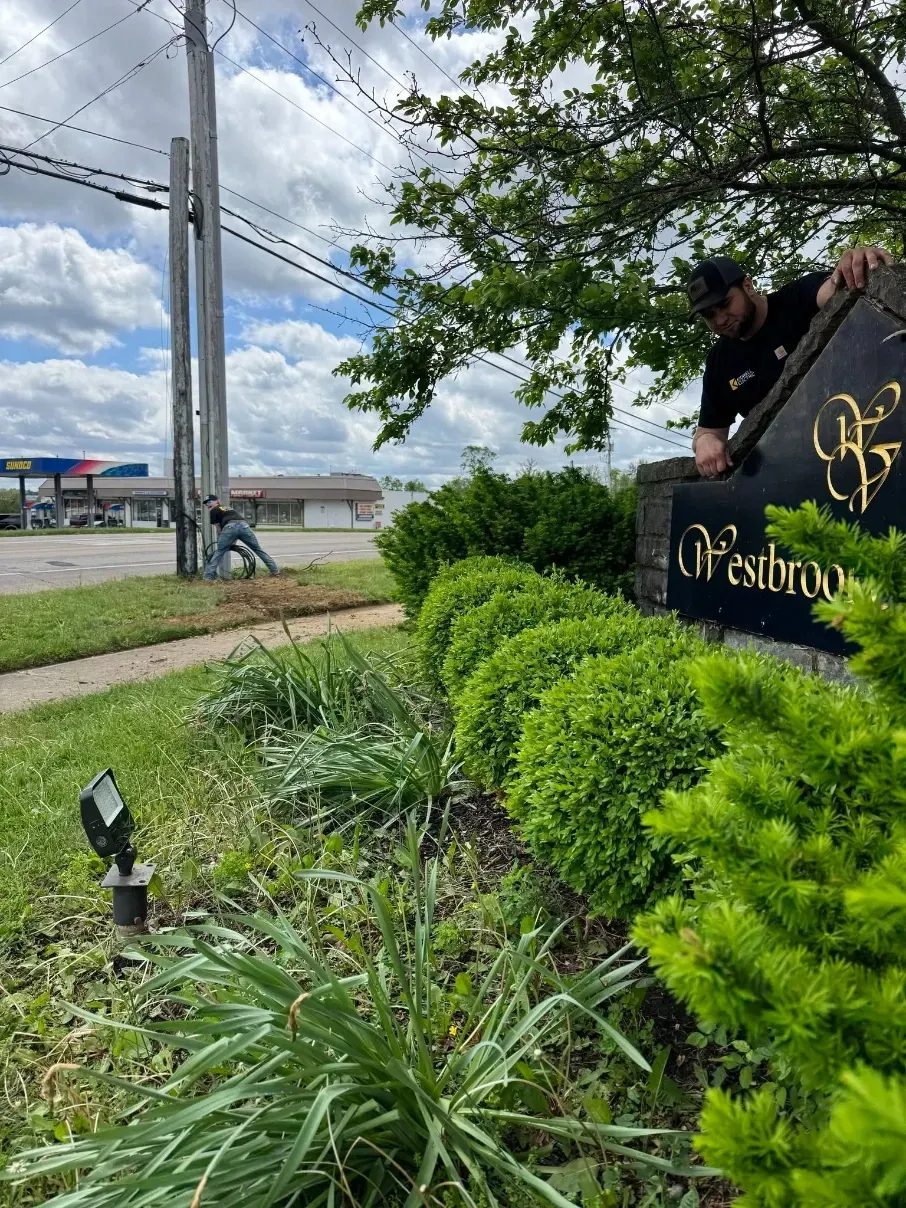Landscaped roadside sign with shrubs and a cloudy street view beside power lines