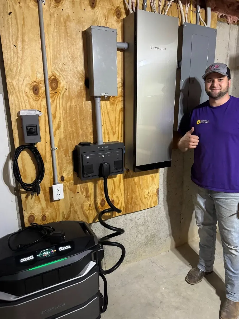Man standing beside wall-mounted electrical panels and battery equipment in a utility room, giving a thumbs-up.