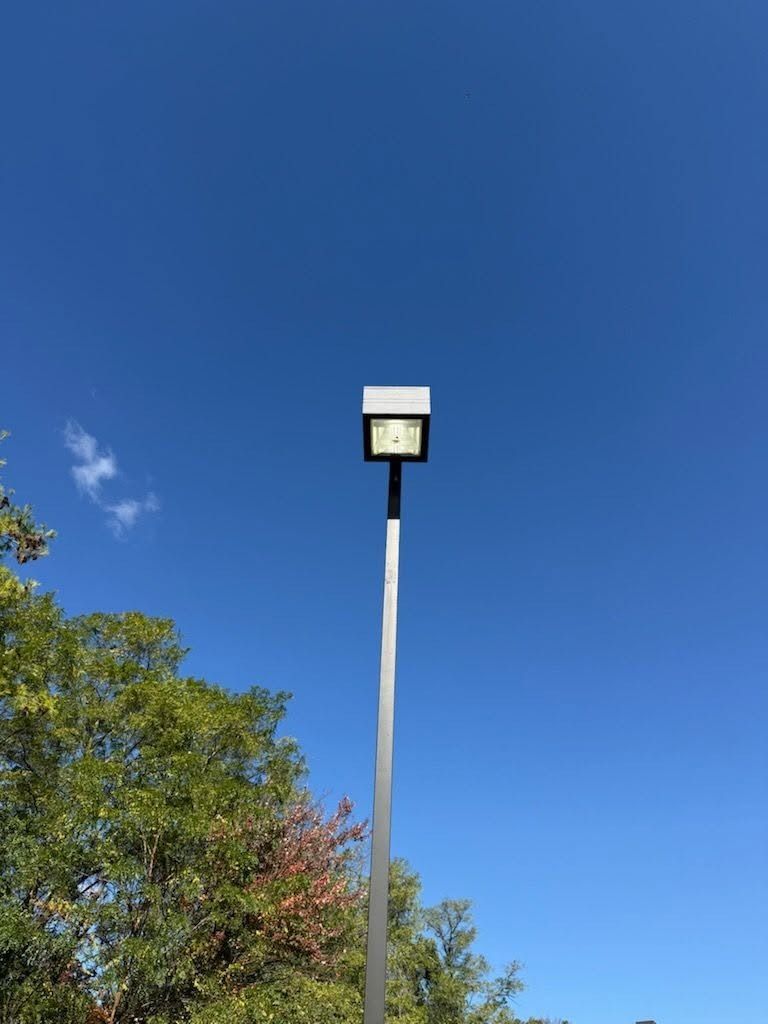 Tall streetlight with a square lamp against a clear blue sky, with tree foliage at the left edge.