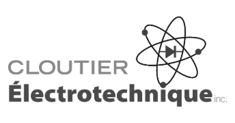 Logo de Cloutier Électrotechnique Inc. avec texte gris et symbole électrique de type atome