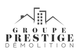Logo pour Groupe Prestige Démolition avec des bâtiments stylisés et un texte gris