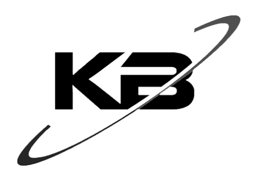 Logo « KB » stylisé noir avec un trait gris en orbite autour.