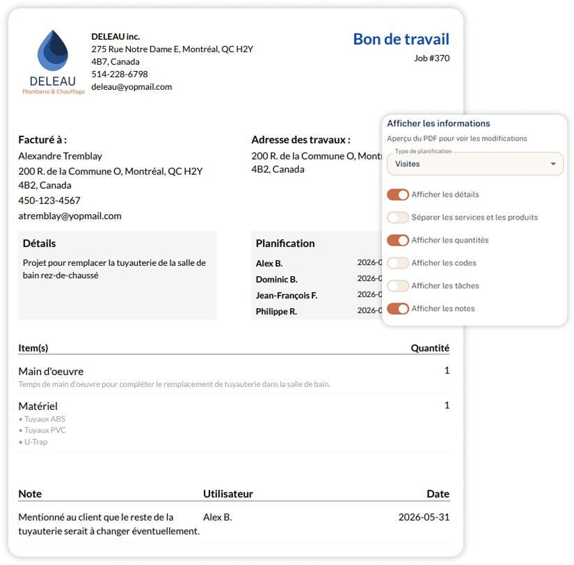 Document de commande de travail français sur un écran blanc, avec un en-tête bleu « Bon de travail » et des champs de formulaire visibles.