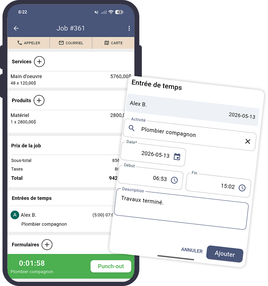 Écran d'une application mobile de suivi des tâches avec un formulaire de saisie des heures travaillées et un bouton vert de minuterie sur un écran de téléphone