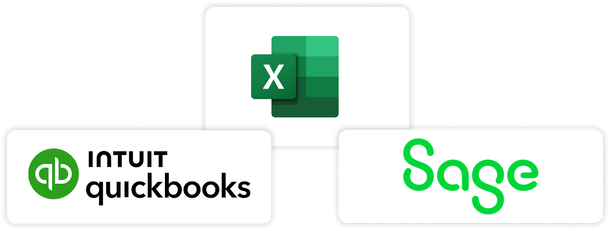 Icône Microsoft Excel au-dessus des logos QuickBooks et Sage sur fond blanc