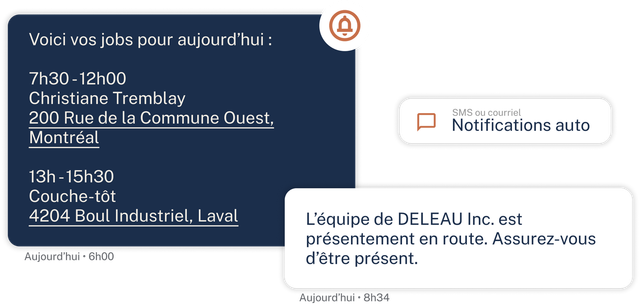 Offre d'emploi en français sur fond bleu avec une fiche d'information blanche et la mention « Notifications automatiques ».