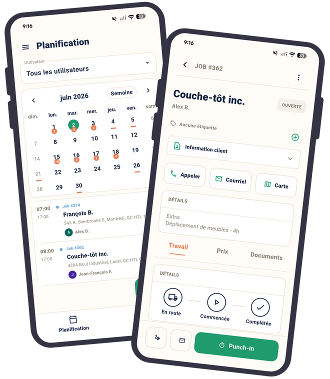 Deux écrans d'application pour smartphone superposés avec des en-têtes bleus affichant une interface de planning et de liste de contrôle