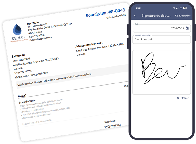 Document signé à côté d'un écran de téléphone affichant un formulaire de capture de signature