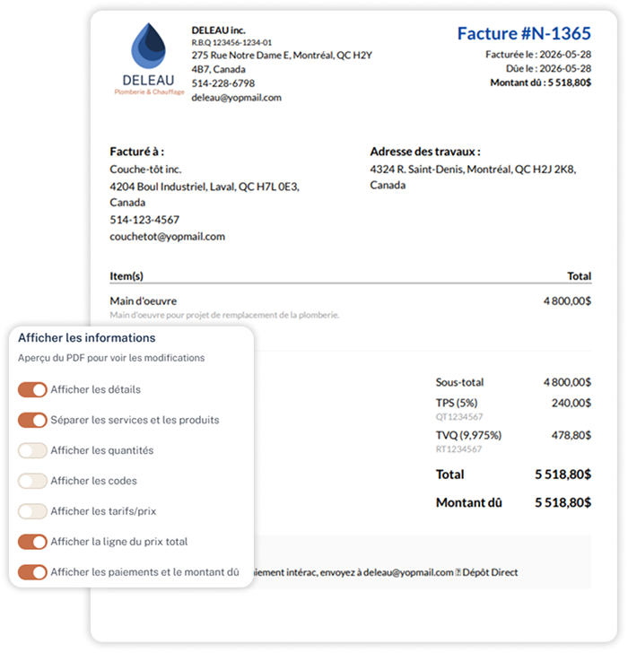 Facture française sur page blanche avec logo de l'entreprise, détails de facturation et totaux indiqués à droite