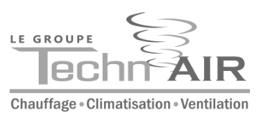 Logo du Groupe TechAIR avec texte gris et spirale rouge au-dessus de « Chauffage • Climatisation • Ventilation »