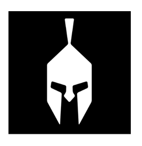 Logo d'un casque spartiate blanc sur fond carré noir
