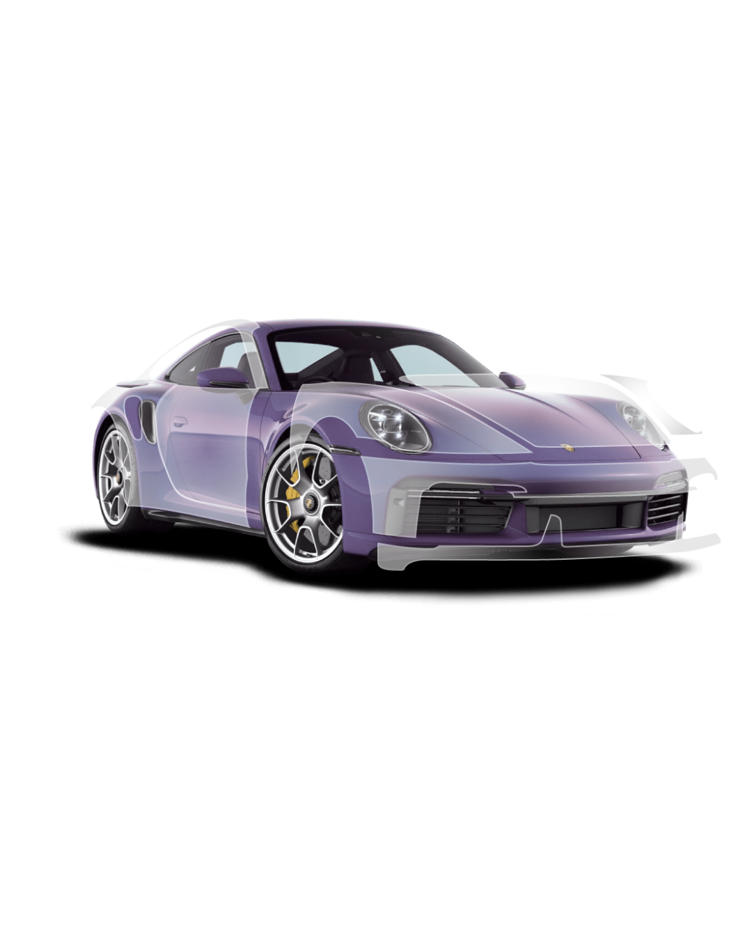 Voiture de sport violette sur fond blanc, vue de trois quarts avant.