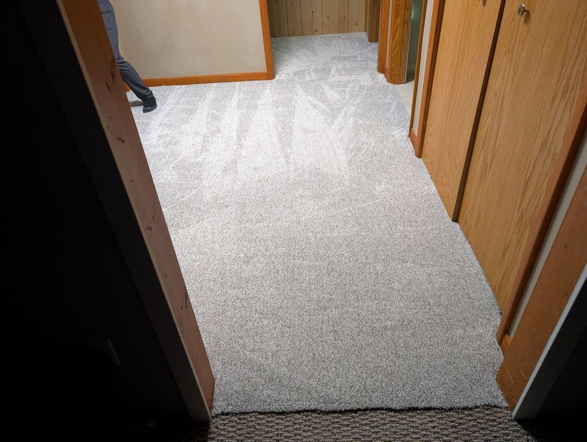 A hallway with a carpeted floor and wooden doors