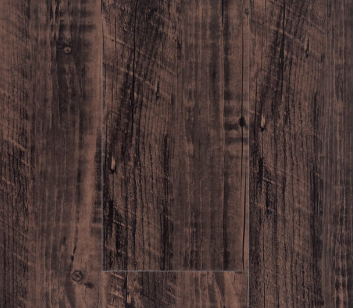 Dark brown wood floor planks with visible grain and knots.