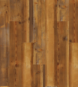 Wooden floor planks with a distressed, warm-toned finish.