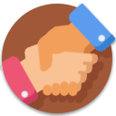 Handshake icon with two hands clasping in a brown circle, blue and pink sleeves.