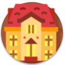 Yellow house icon with red roof, cross windows, and a red door on a light background