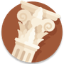 Cream-colored classical column with a lion head and paw relief on a brown circular background
