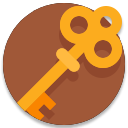 Orange key icon on a brown circular background