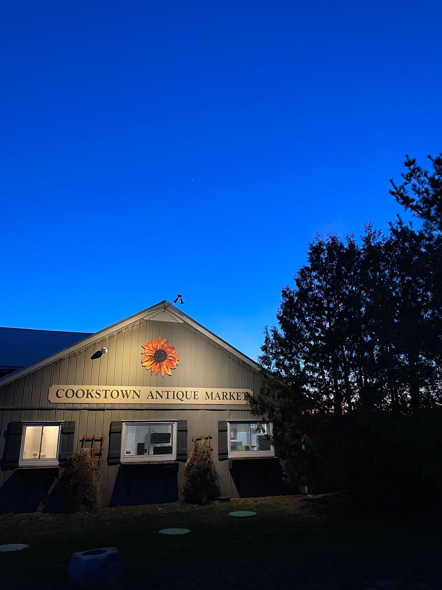 Lit building with a lit sign at dusk under a deep blue sky, trees silhouetted on the right.