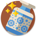 Blue washing machine icon with white star-like sparkles and a brown handle