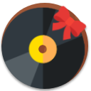 Black vinyl record with a yellow center label and a red ribbon tied at the top right.