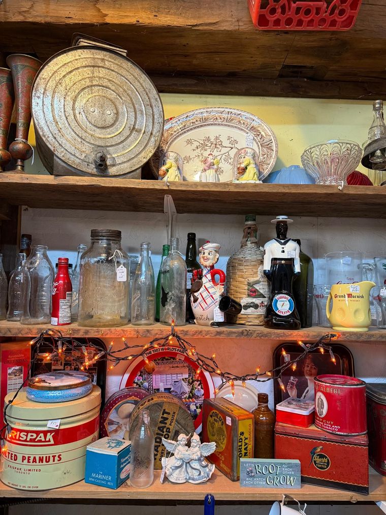 Shelves of vintage bottles, plates, tins, and assorted collectibles in a rustic display cabinet