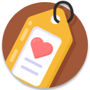 Yellow hanging tag with a pink heart icon on a brown circular background