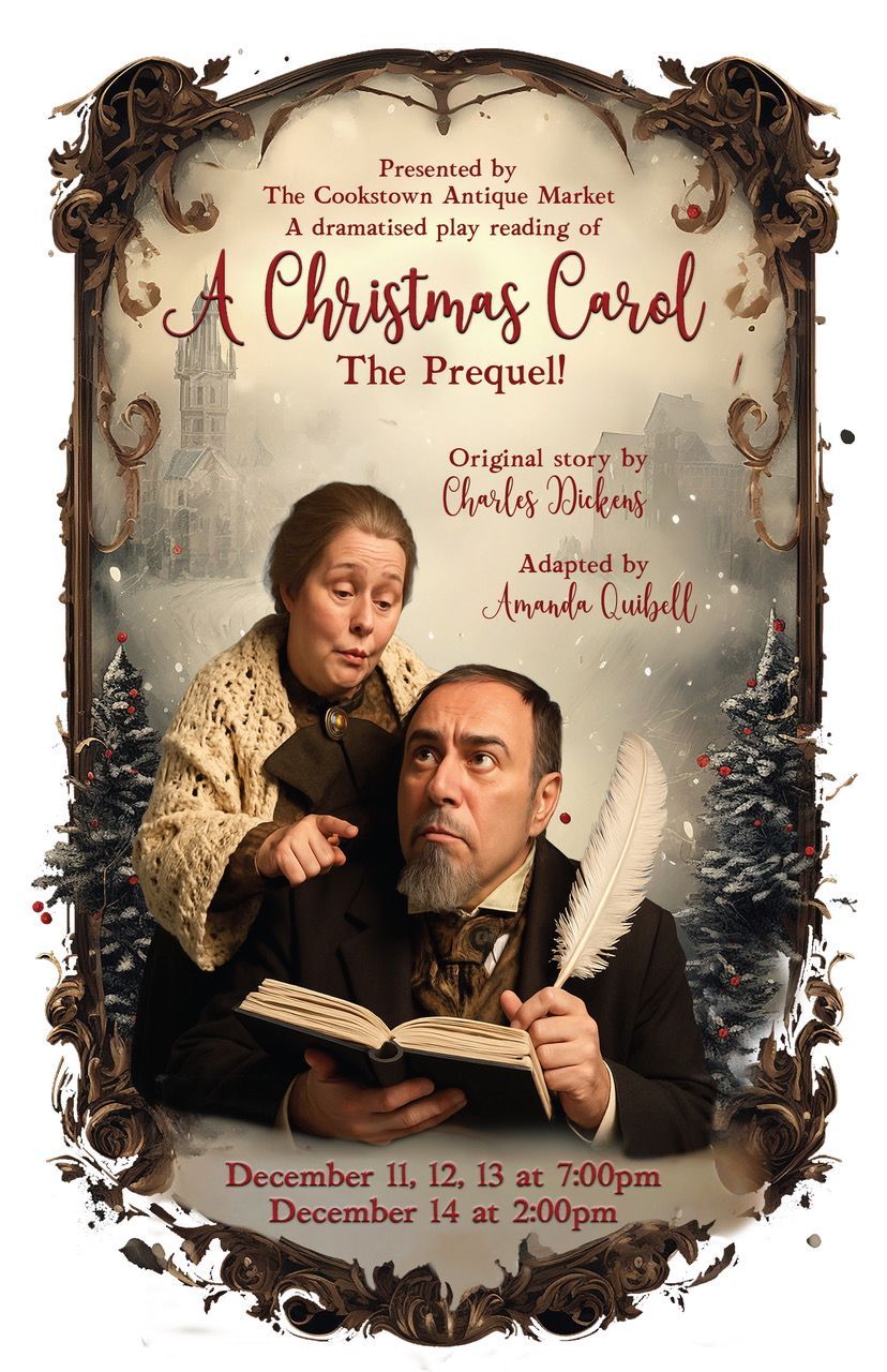 Vintage-style poster for “A Christmas Carol the Prequel” with two characters and a quill on a sepia background