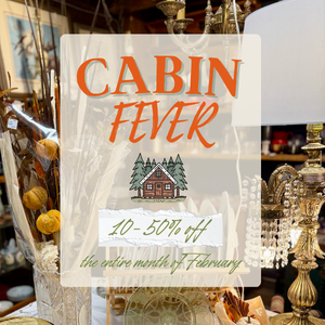 Cabin Fever sale sign with orange text, winter cabin graphic, and “10–50% off” on a shop window