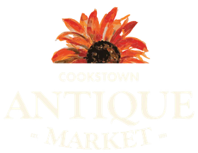 Cookstown Antique Market logo with orange flower and faded gold text