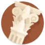 Cream-colored classical column with a lion head and paw relief on a brown circular background