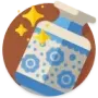 Blue washing machine icon with white star-like sparkles and a brown handle