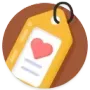 Yellow hanging tag with a pink heart icon on a brown circular background
